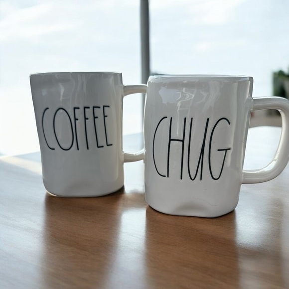 Rae Dunn White Coffee Mugs Set Of 2 "COFFEE/CHUG" Artisan Collection By Magenta - Picture 1 of 4